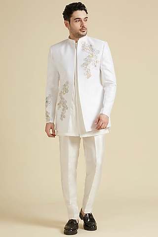 White Raw Silk Hand Embroidered Indo-Western Set by LA ADORE BY BHAVIK J BAFNA