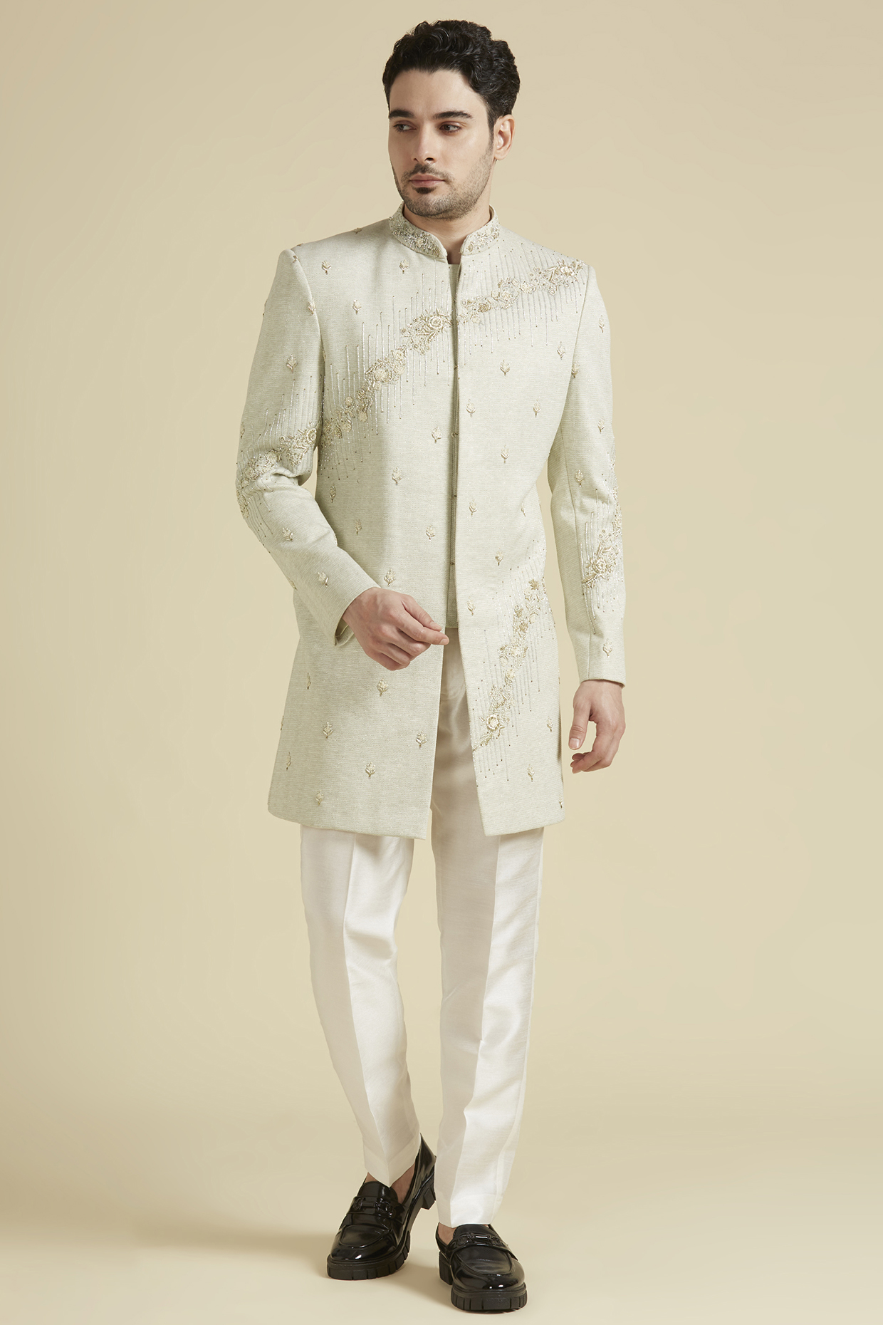 Beige Terylene Rayon Hand Embroidered Sherwani Set by LA ADORE BY BHAVIK J BAFNA