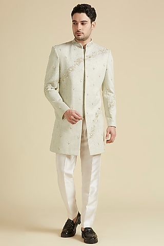 Beige Terylene Rayon Hand Embroidered Sherwani Set by LA ADORE BY BHAVIK J BAFNA