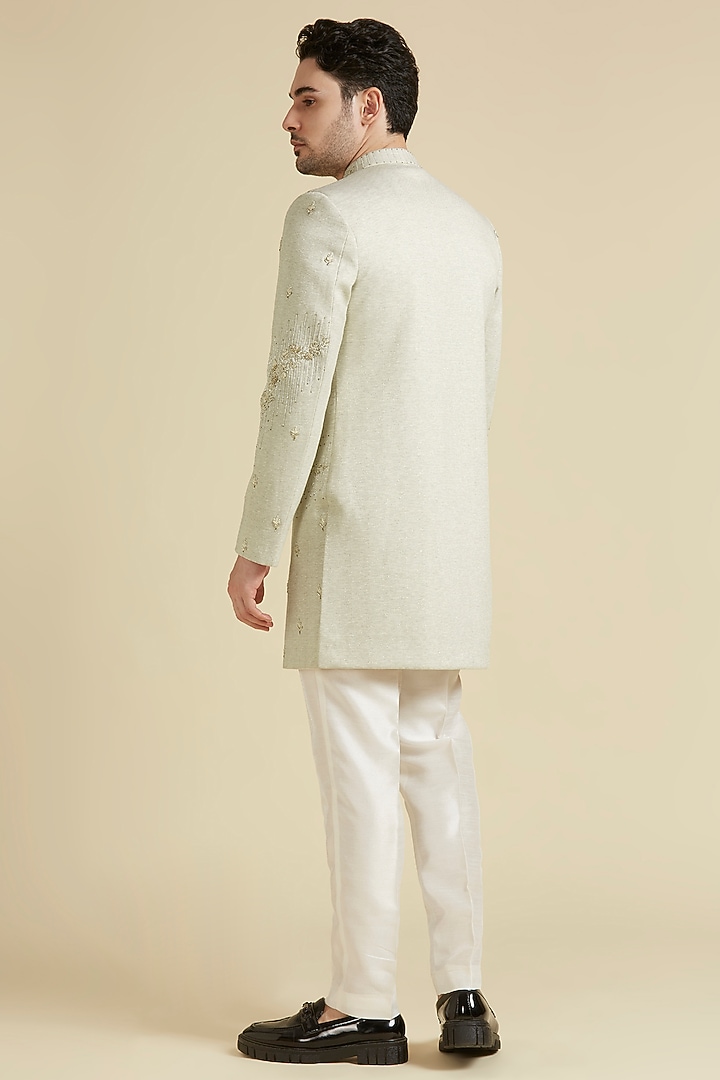 Beige Terylene Rayon Hand Embroidered Wedding Sherwani Set by LA ADORE BY BHAVIK J BAFNA at Pernia's Pop Up Shop