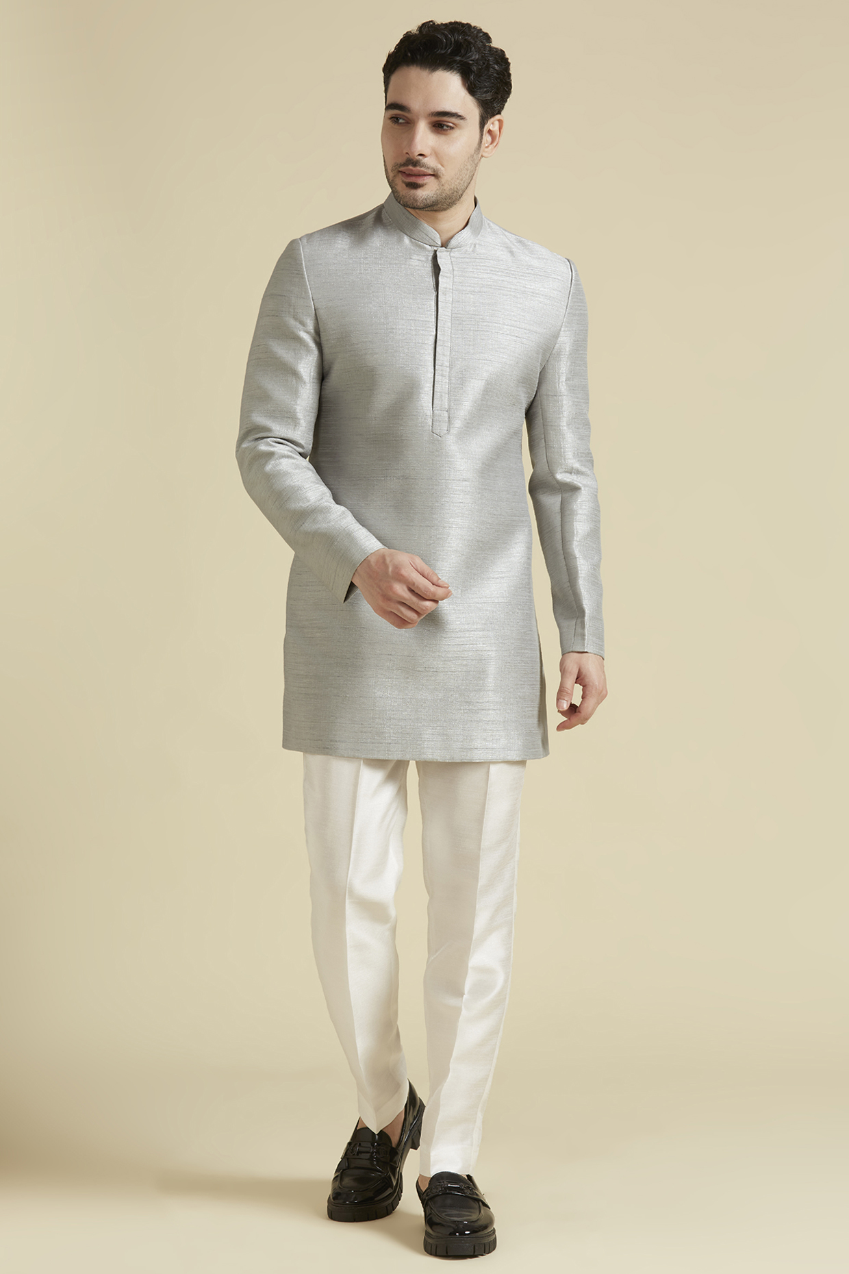 Grey Raw Silk Hand Embroidered Koti Jacket Set by LA ADORE BY BHAVIK J BAFNA