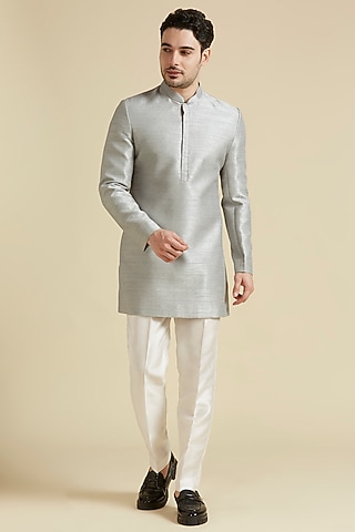 Grey Raw Silk Hand Embroidered Koti Jacket Set by LA ADORE BY BHAVIK J BAFNA