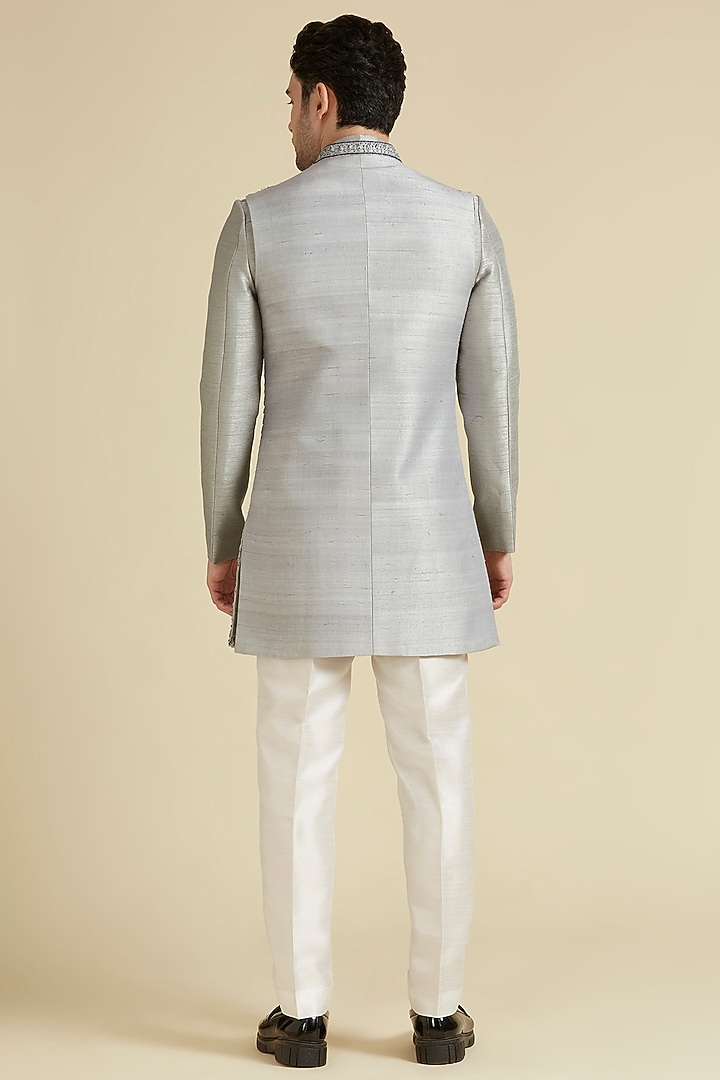Grey Raw Silk Hand Embroidered Koti Jacket Set by LA ADORE BY BHAVIK J BAFNA at Pernia's Pop Up Shop