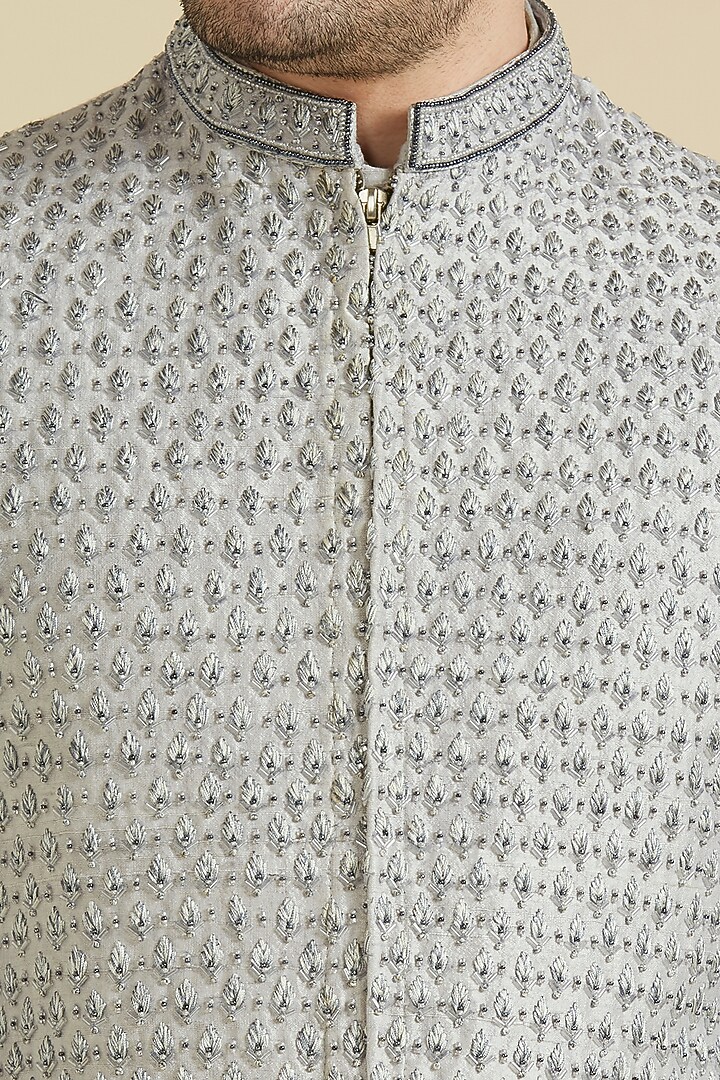 Grey Raw Silk Hand Embroidered Koti Jacket Set by LA ADORE BY BHAVIK J BAFNA at Pernia's Pop Up Shop