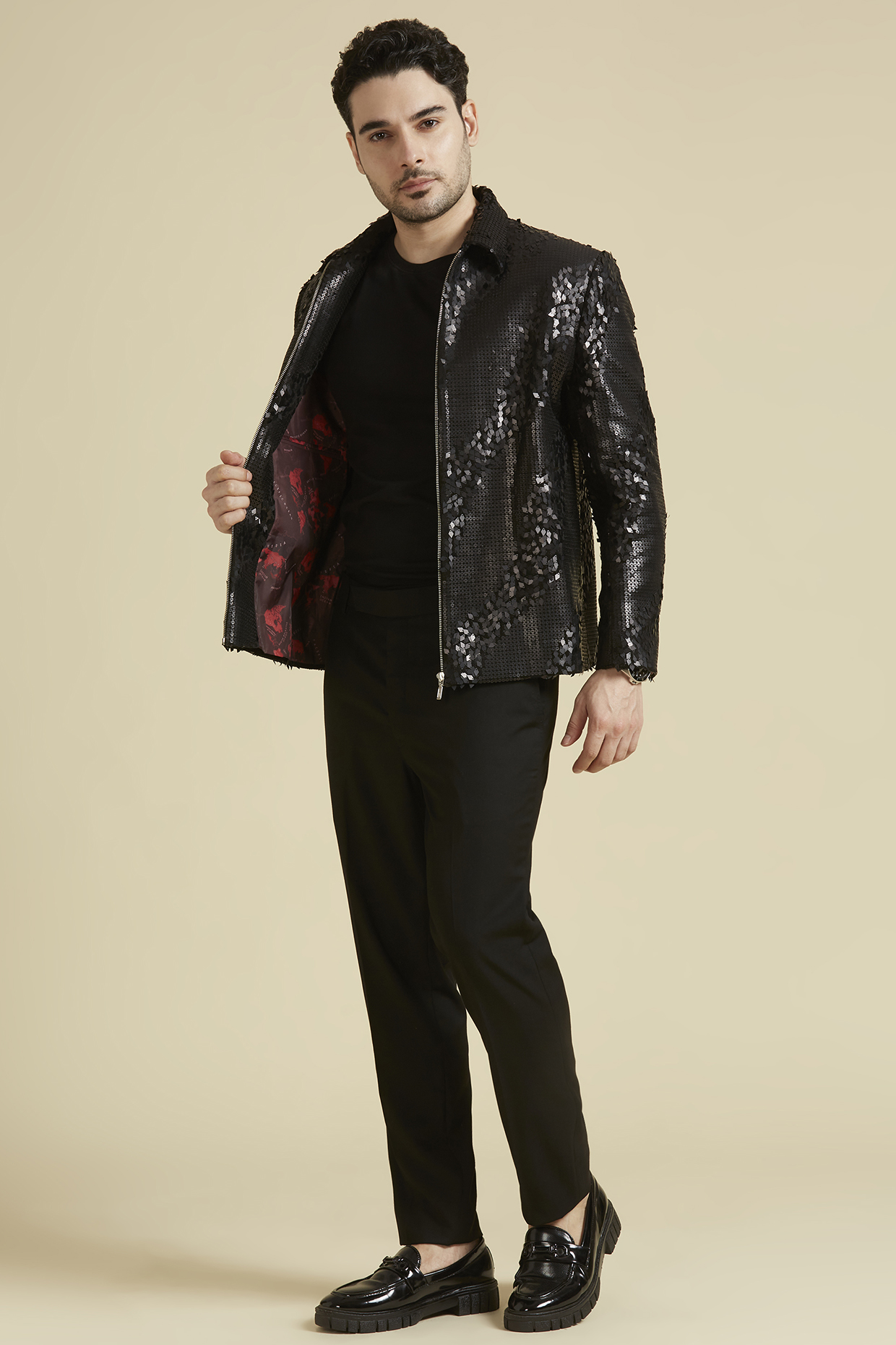 Black Fabric Embroidered Zipper Jacket Set by LA ADORE BY BHAVIK J BAFNA