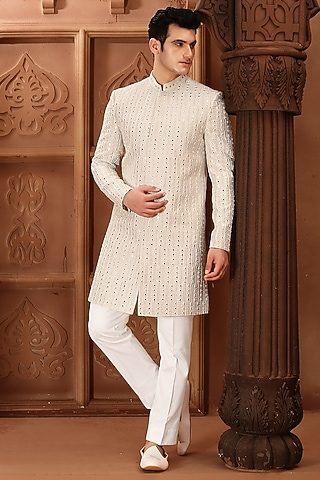 Light Grey Terry Rayon Mirror Embroidered Sherwani Set by LA ADORE BY BHAVIK J BAFNA