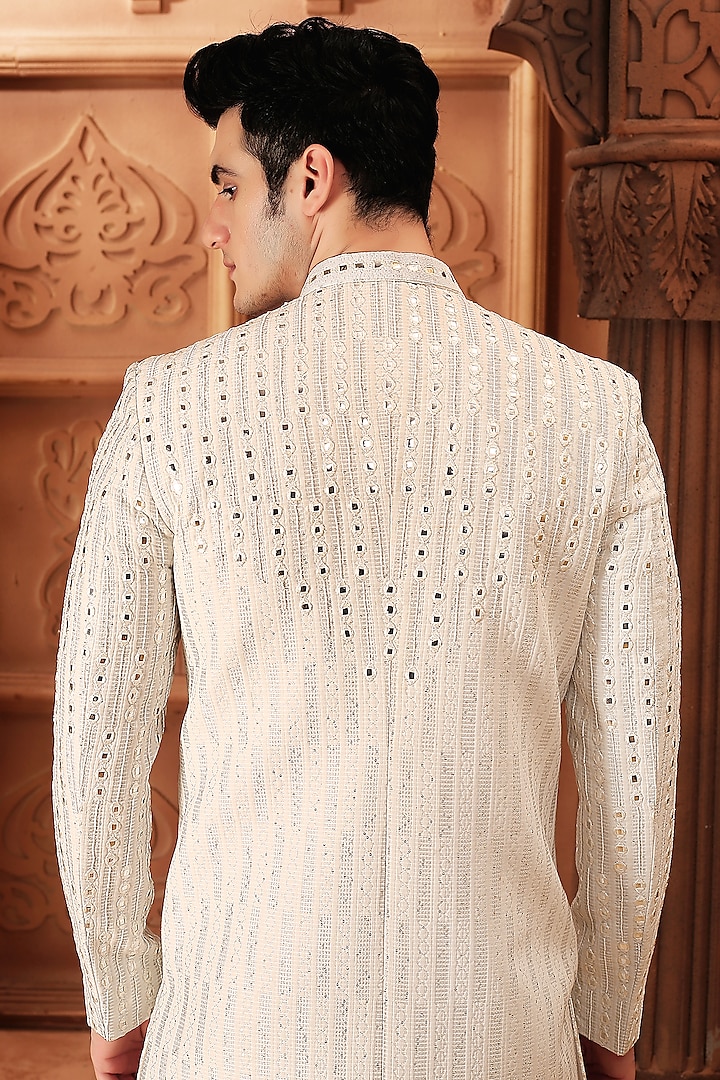 Light Grey Terry Rayon Mirror Embroidered Groom Sherwani Set by LA ADORE BY BHAVIK J BAFNA at Pernia's Pop Up Shop
