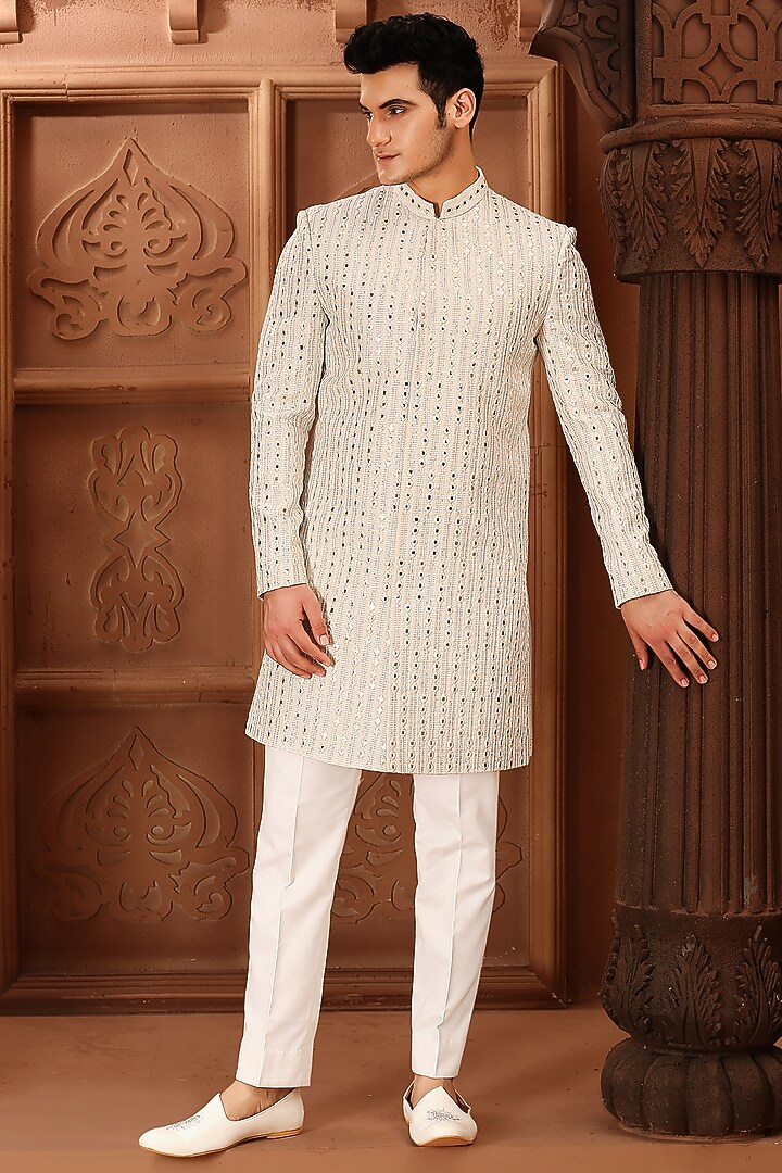 Light Grey Terry Rayon Mirror Embroidered Groom Sherwani Set by LA ADORE BY BHAVIK J BAFNA at Pernia's Pop Up Shop