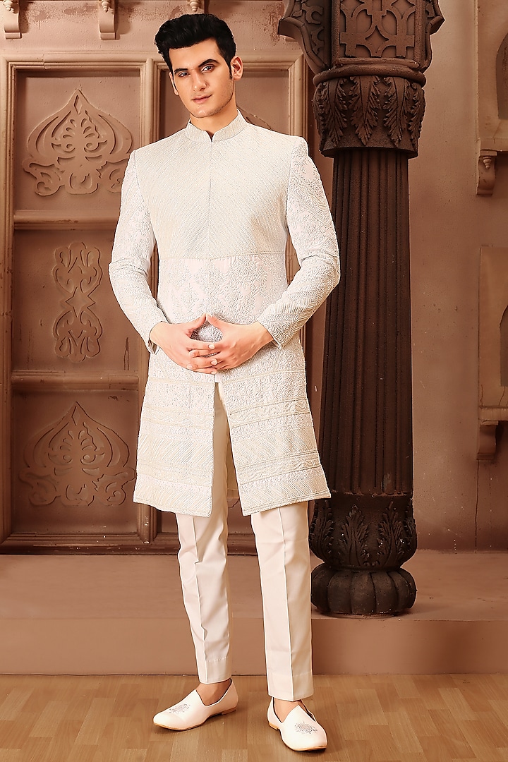 White Cotton Silk Cutdana Hand Embroidered Sherwani Set by LA ADORE BY BHAVIK J BAFNA