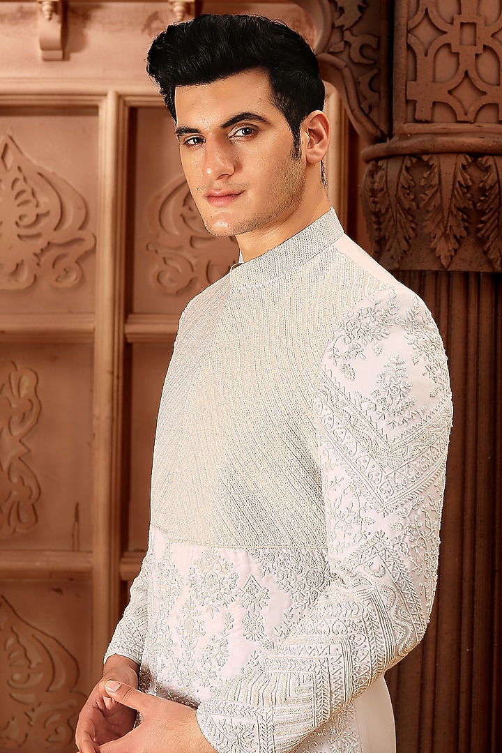 White Cotton Silk Cutdana Hand Embroidered Groom Sherwani Set by LA ADORE BY BHAVIK J BAFNA at Pernia's Pop Up Shop
