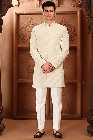 Cream Georgette French Knot Hand Embroidered Sherwani Set by LA ADORE BY BHAVIK J BAFNA