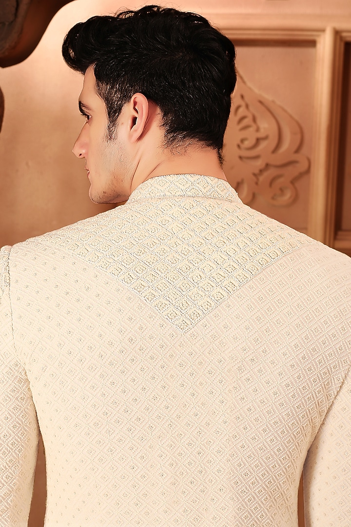Cream Georgette French Knot Hand Embroidered Groom Sherwani Set by LA ADORE BY BHAVIK J BAFNA at Pernia's Pop Up Shop