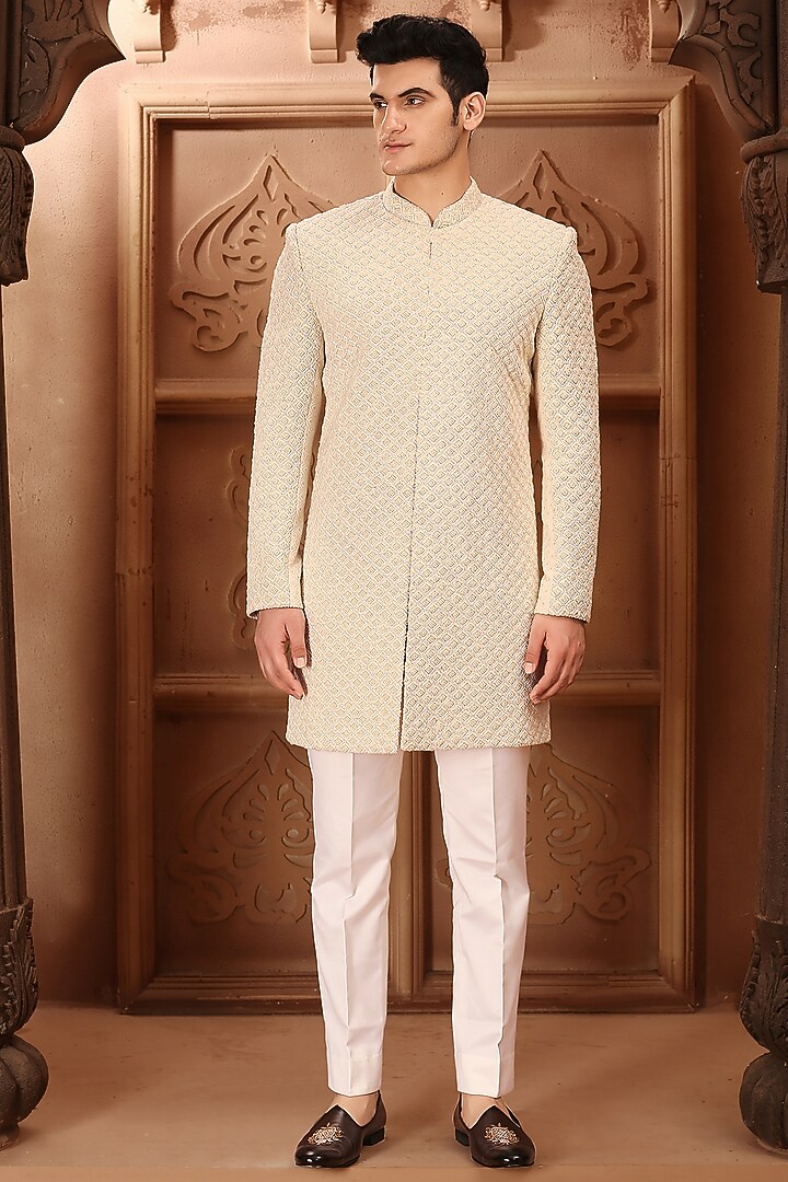 Cream Georgette French Knot Hand Embroidered Groom Sherwani Set by LA ADORE BY BHAVIK J BAFNA at Pernia's Pop Up Shop