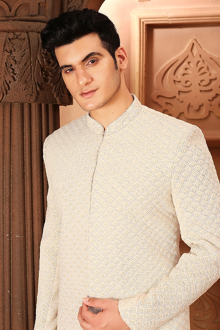 Cream Georgette French Knot Hand Embroidered Groom Sherwani Set by LA ADORE BY BHAVIK J BAFNA at Pernia's Pop Up Shop