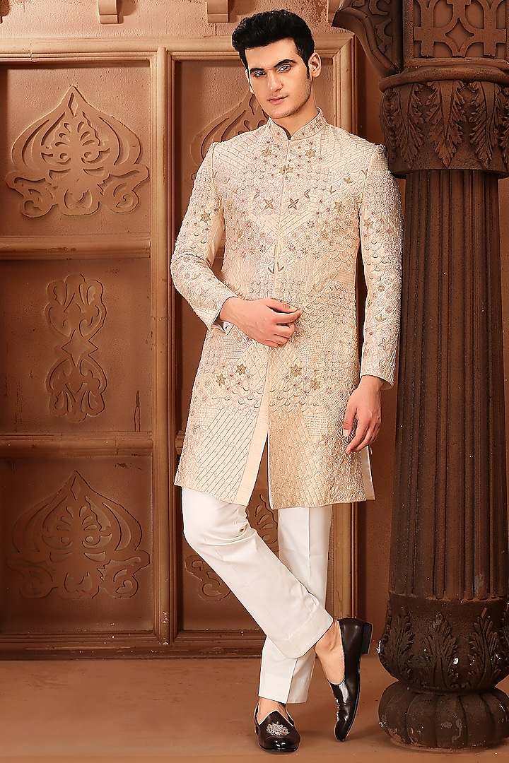 Pink Cotton Silk Zardosi Hand Embroidered Sherwani Set by LA ADORE BY BHAVIK J BAFNA