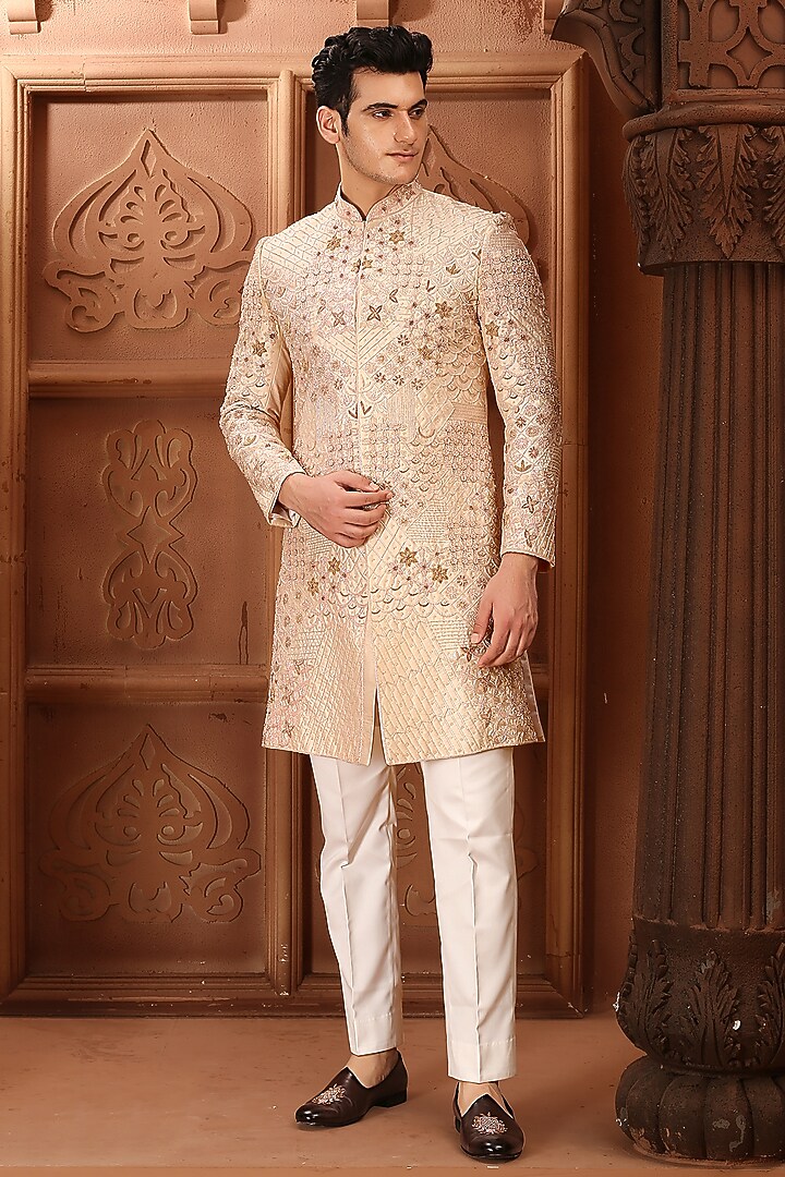 Pink Cotton Silk Zardosi Hand Embroidered Groom Sherwani Set by LA ADORE BY BHAVIK J BAFNA at Pernia's Pop Up Shop