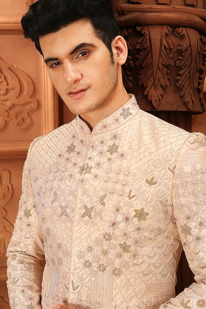 Pink Cotton Silk Zardosi Hand Embroidered Groom Sherwani Set by LA ADORE BY BHAVIK J BAFNA at Pernia's Pop Up Shop