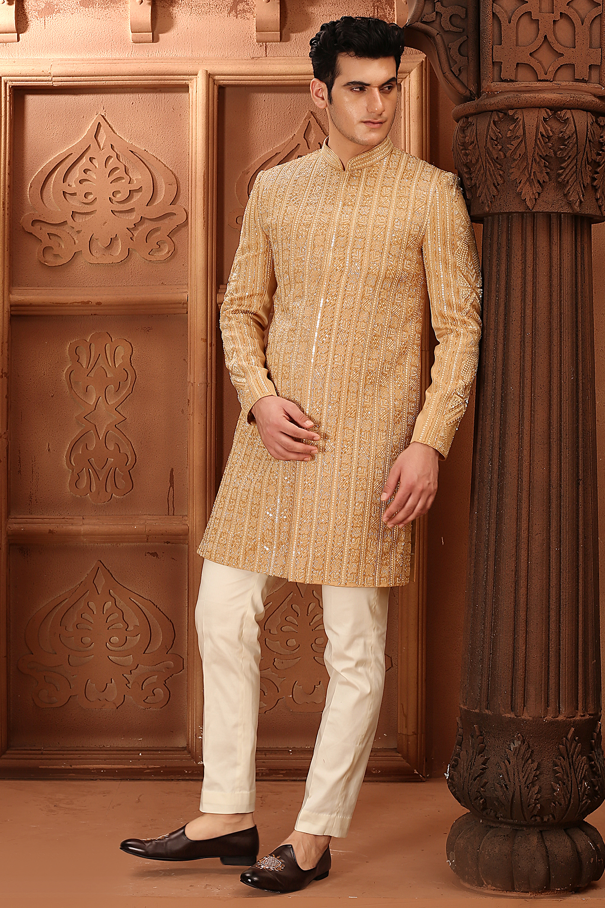 Gold Cotton Silk Sequins Hand Embroidered Sherwani Set by LA ADORE BY BHAVIK J BAFNA