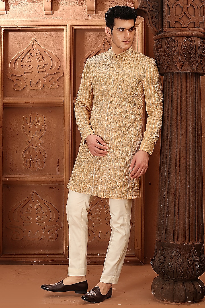 Gold Cotton Silk Sequins Hand Embroidered Sherwani Set by LA ADORE BY BHAVIK J BAFNA