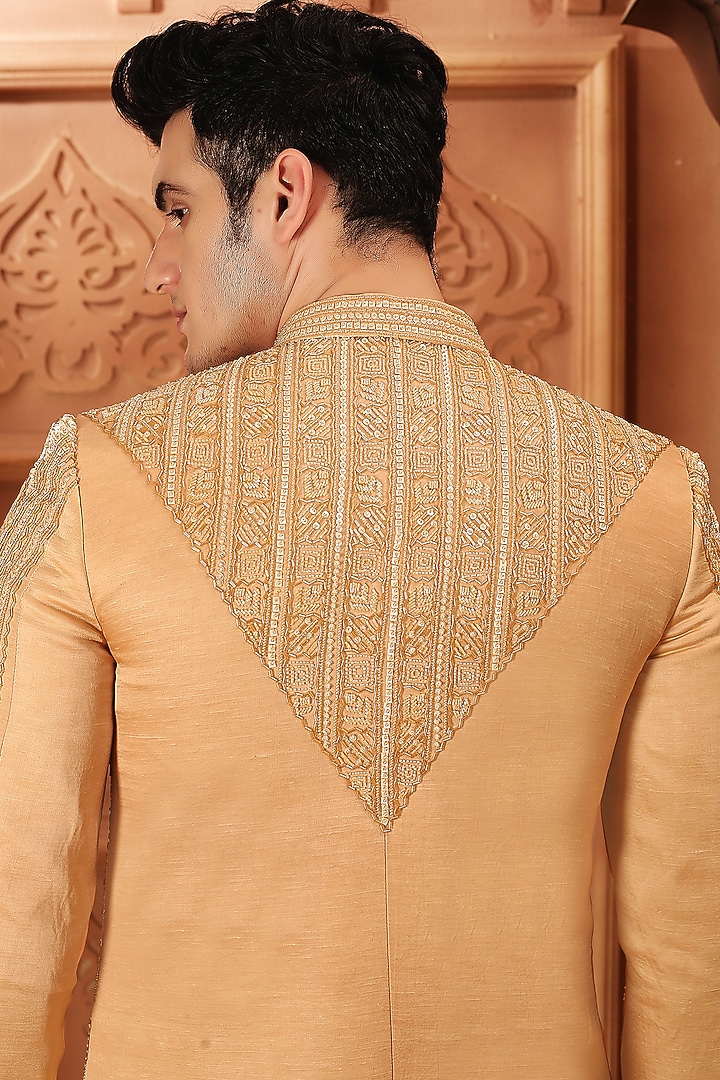 Gold Cotton Silk Sequins Hand Embroidered Groom Sherwani Set by LA ADORE BY BHAVIK J BAFNA at Pernia's Pop Up Shop