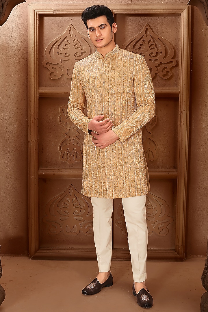 Gold Cotton Silk Sequins Hand Embroidered Groom Sherwani Set by LA ADORE BY BHAVIK J BAFNA at Pernia's Pop Up Shop