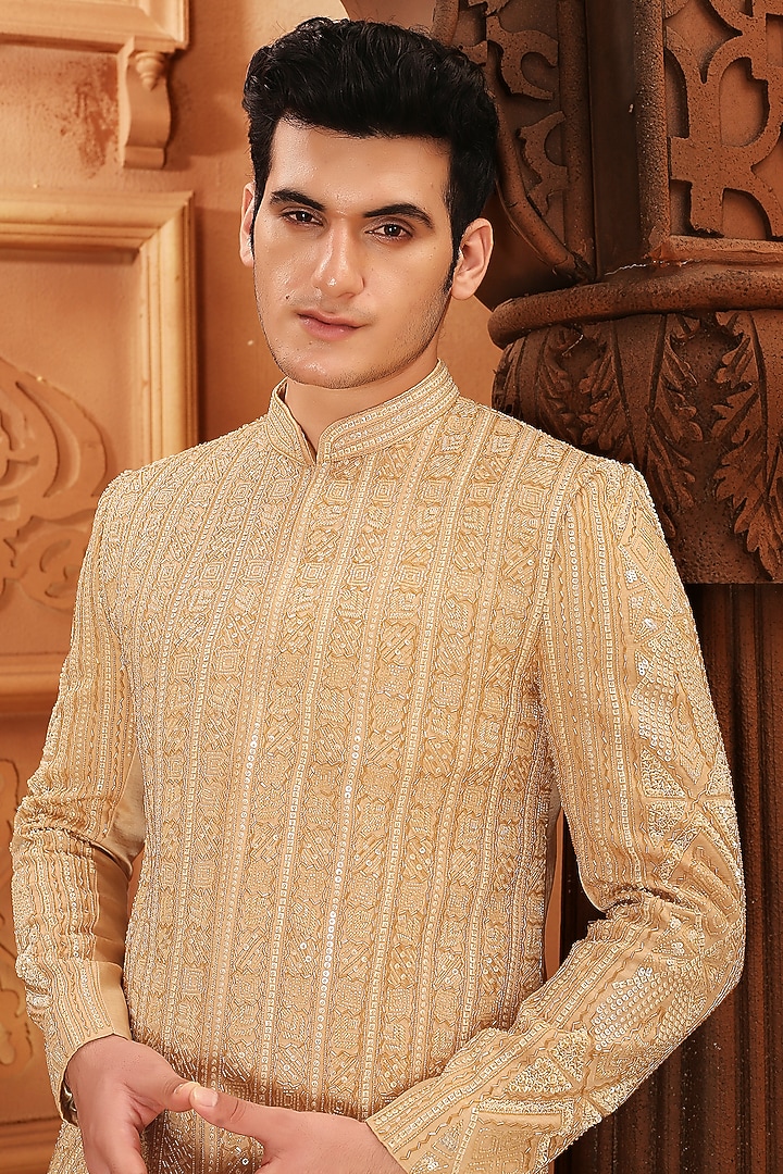Gold Cotton Silk Sequins Hand Embroidered Groom Sherwani Set by LA ADORE BY BHAVIK J BAFNA at Pernia's Pop Up Shop