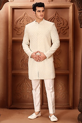 Ivory Georgette Cutdana Hand Embroidered Sherwani Set by LA ADORE BY BHAVIK J BAFNA