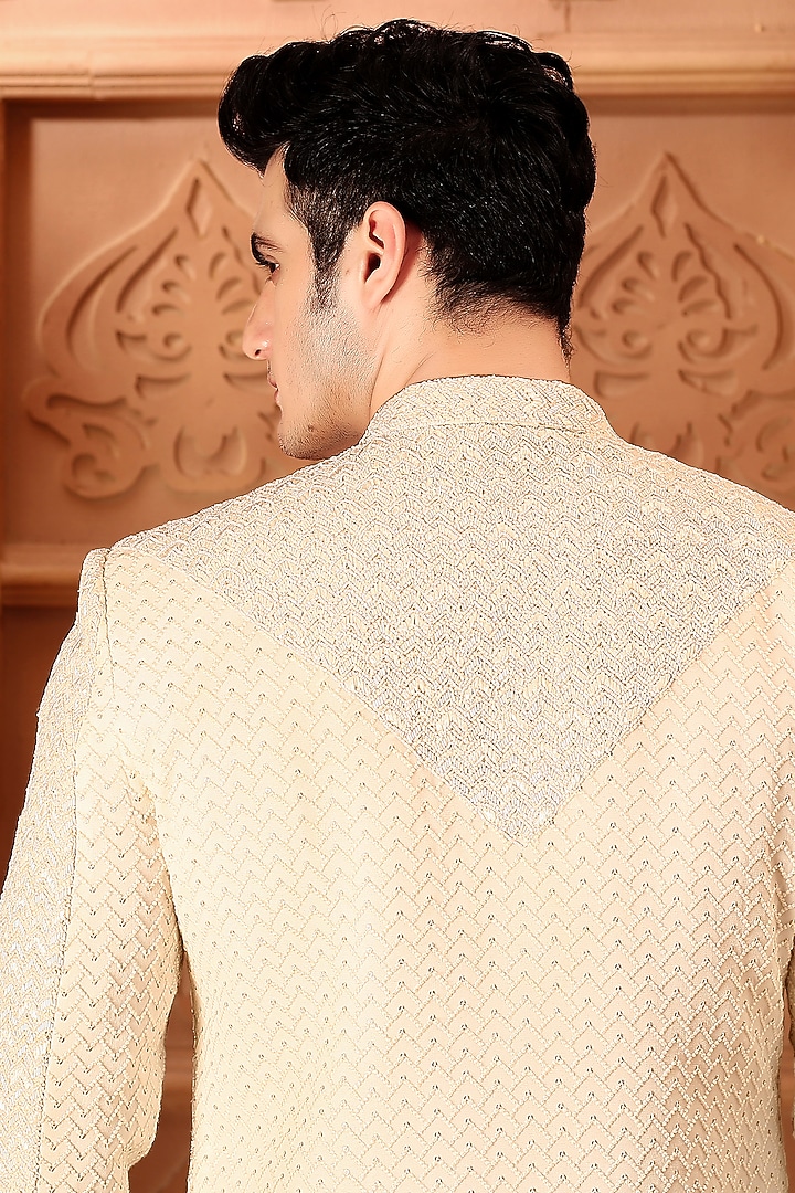 Ivory Georgette Cutdana Hand Embroidered Groom Sherwani Set by LA ADORE BY BHAVIK J BAFNA at Pernia's Pop Up Shop