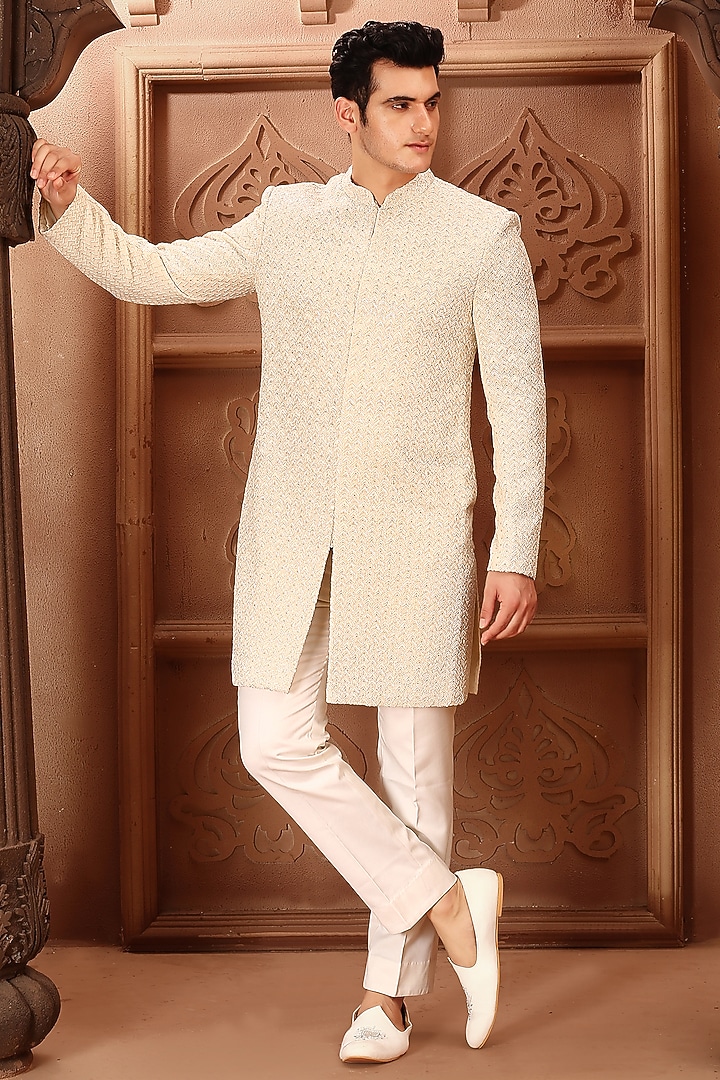 Ivory Georgette Cutdana Hand Embroidered Groom Sherwani Set by LA ADORE BY BHAVIK J BAFNA at Pernia's Pop Up Shop