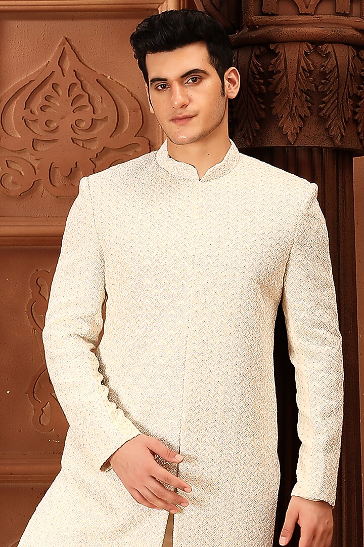 Ivory Georgette Cutdana Hand Embroidered Groom Sherwani Set by LA ADORE BY BHAVIK J BAFNA at Pernia's Pop Up Shop