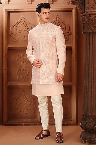 Pink Cotton Silk Cutdana Hand Embroidered Sherwani Set by LA ADORE BY BHAVIK J BAFNA