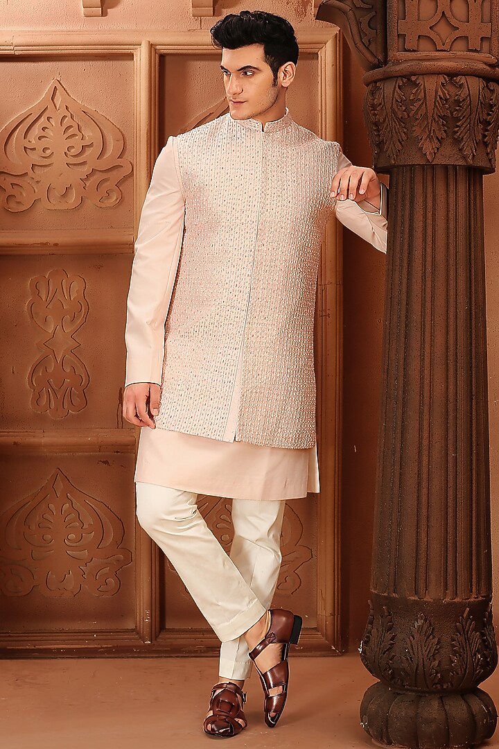 Pink Cotton Silk Cutdana Hand Embroidered Wedding Sherwani Set by LA ADORE BY BHAVIK J BAFNA at Pernia's Pop Up Shop