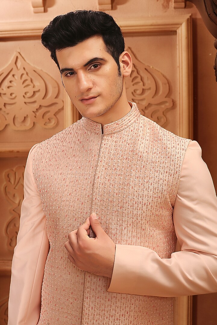 Pink Cotton Silk Cutdana Hand Embroidered Wedding Sherwani Set by LA ADORE BY BHAVIK J BAFNA at Pernia's Pop Up Shop