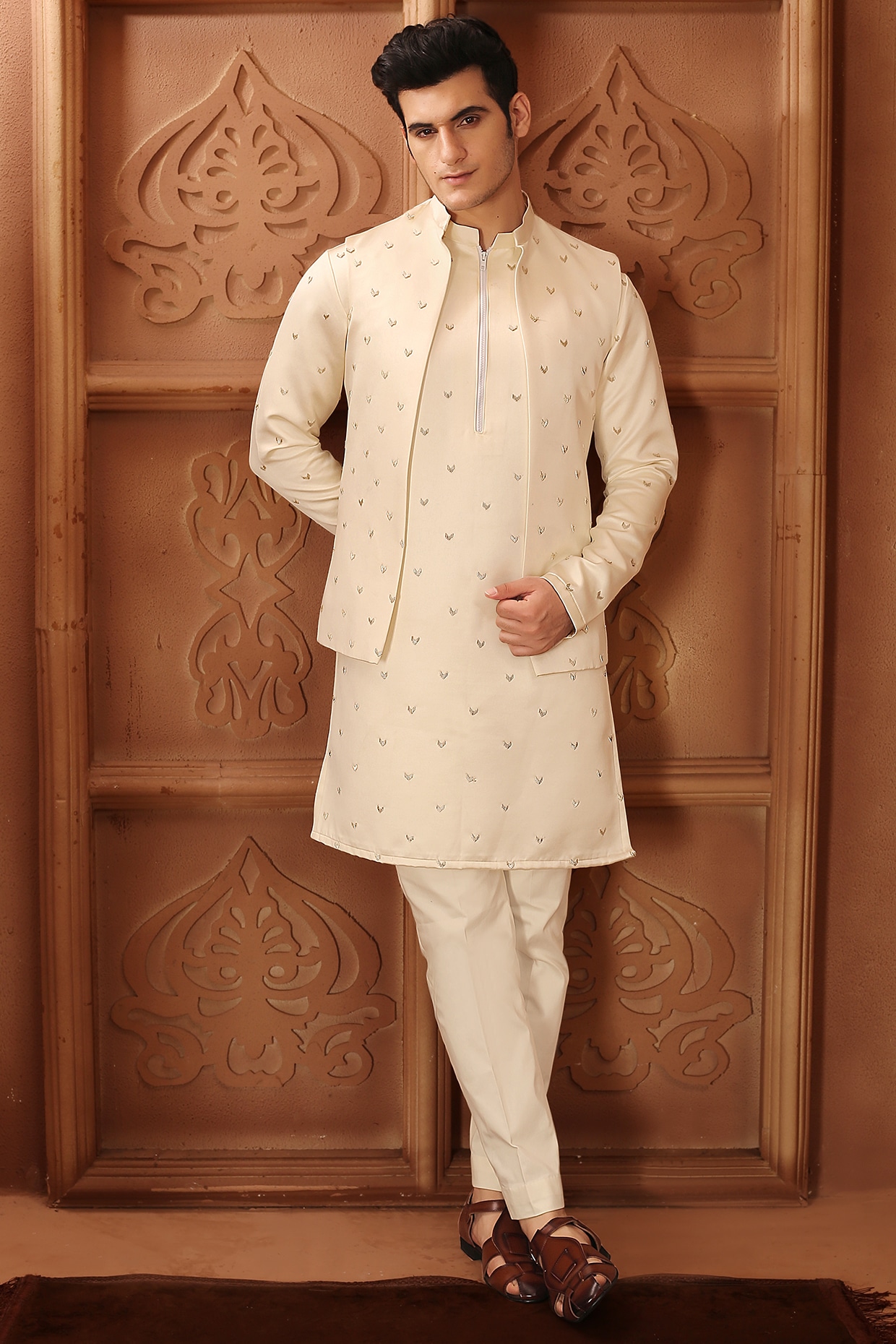 La Adore by Bhavik J BAFNA - Ivory Satin Metallic Embroidered Indo-Western Set for Men at Pernia's Pop Up Shop