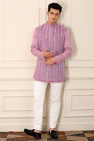 Lavender Scuba Velvet Resham Hand Embroidered Nehru Jacket Set by LA ADORE BY BHAVIK J BAFNA