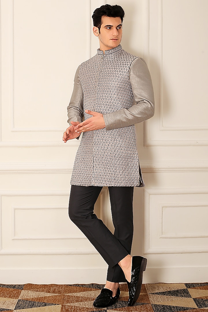 Grey Silk Moti Embroidered Nehru Jacket Set by LA ADORE BY BHAVIK J BAFNA at Pernia's Pop Up Shop