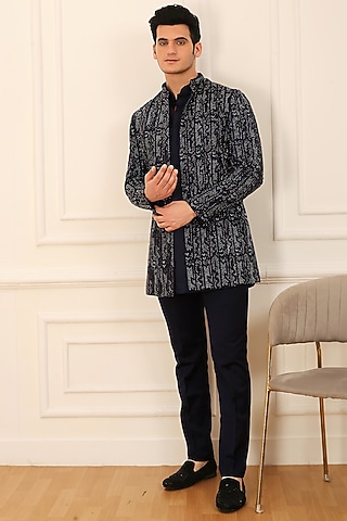 Blue Terry Cotton Cutdana Embroidered Indo-Western Jacket Set by LA ADORE BY BHAVIK J BAFNA