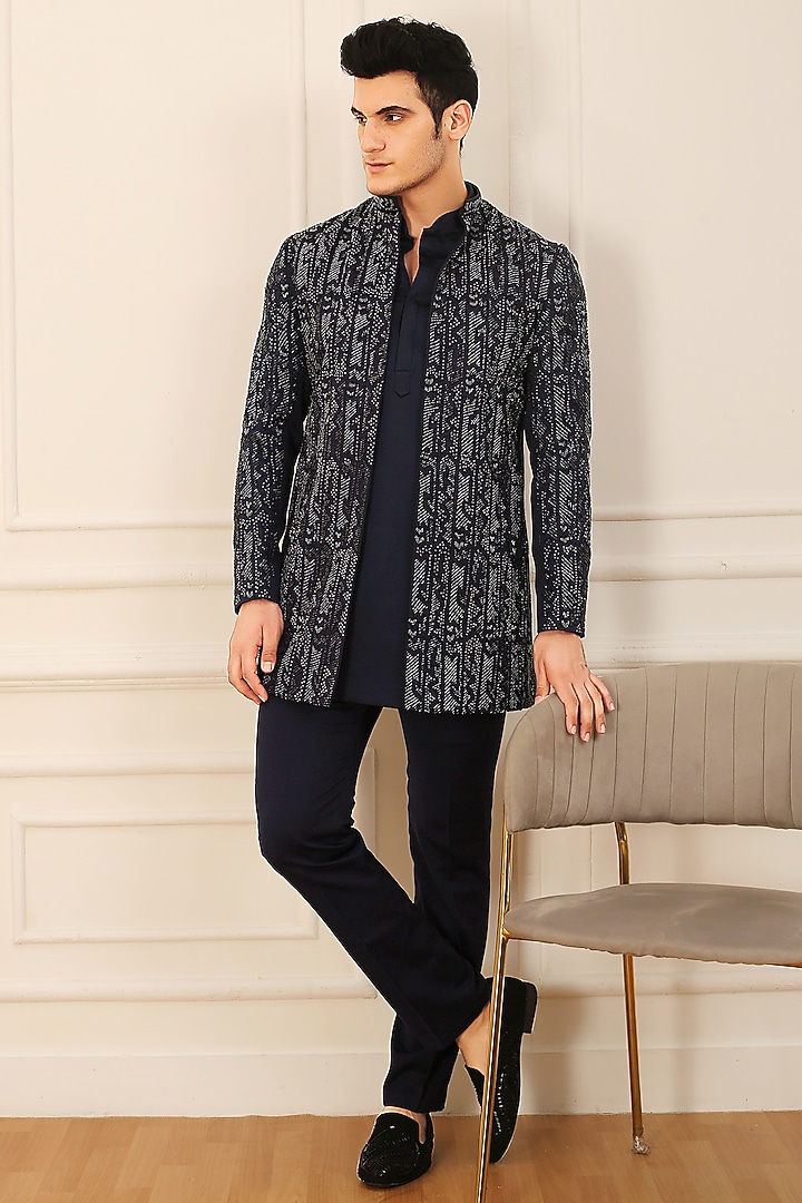 Blue Terry Cotton Cutdana Embroidered Indo-Western Jacket Set by LA ADORE BY BHAVIK J BAFNA at Pernia's Pop Up Shop