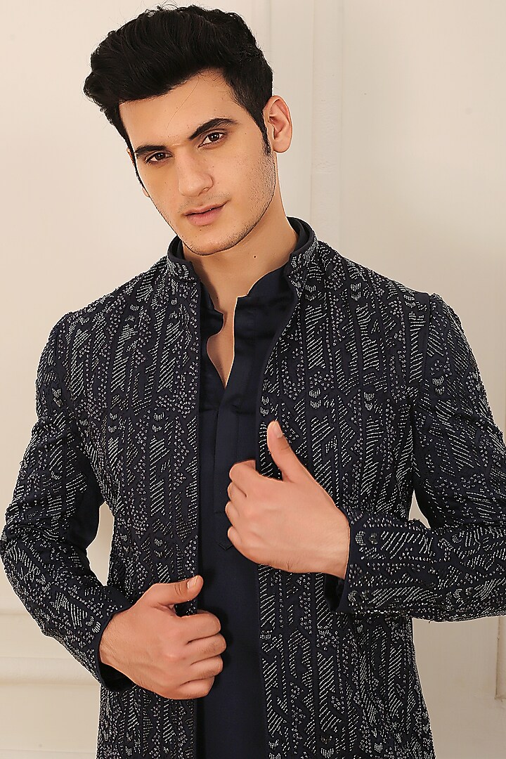 Blue Terry Cotton Cutdana Embroidered Indo-Western Jacket Set by LA ADORE BY BHAVIK J BAFNA at Pernia's Pop Up Shop