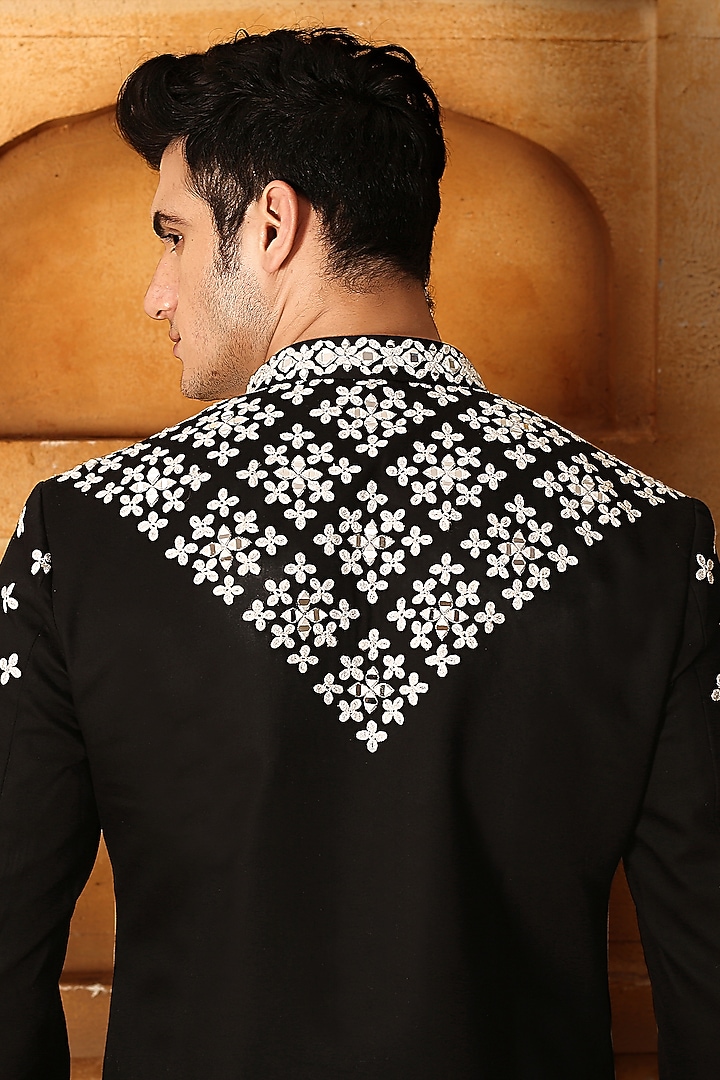 Black Silk Mirror Embroidered Kurta Set by LA ADORE BY BHAVIK J BAFNA at Pernia's Pop Up Shop