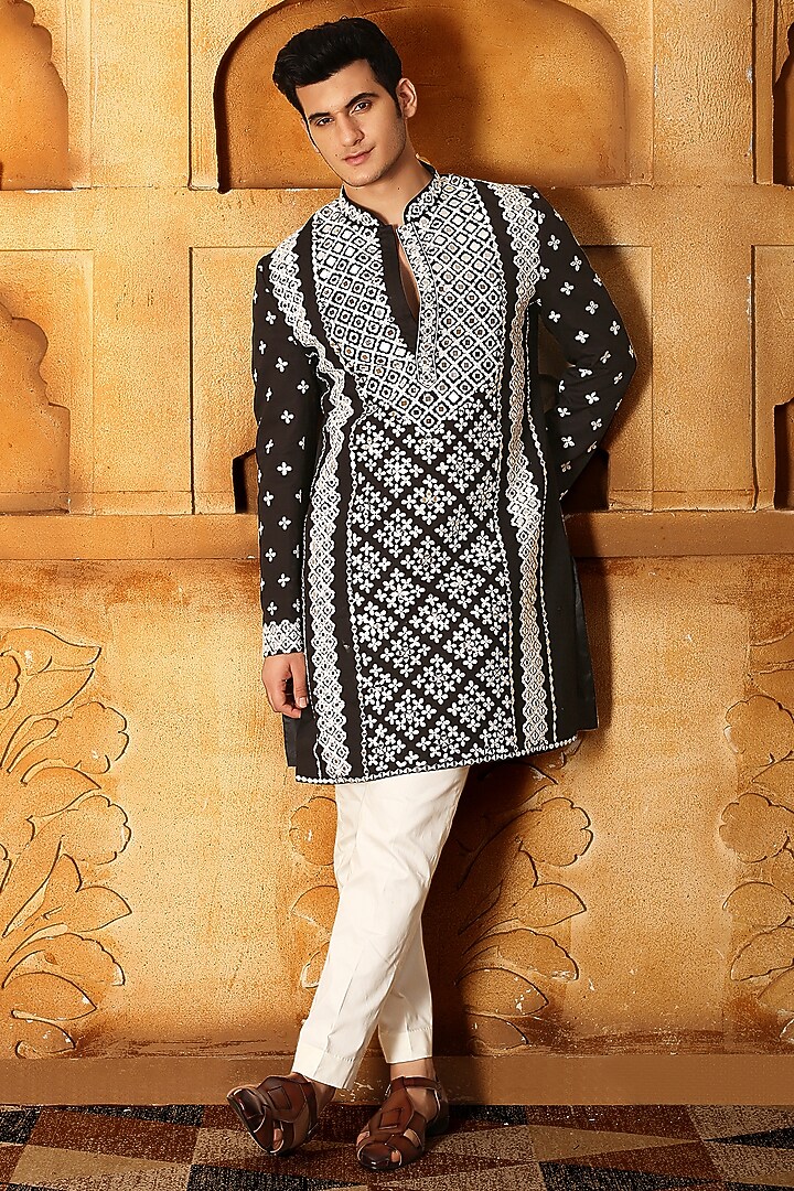 Black Silk Mirror Embroidered Kurta Set by LA ADORE BY BHAVIK J BAFNA at Pernia's Pop Up Shop
