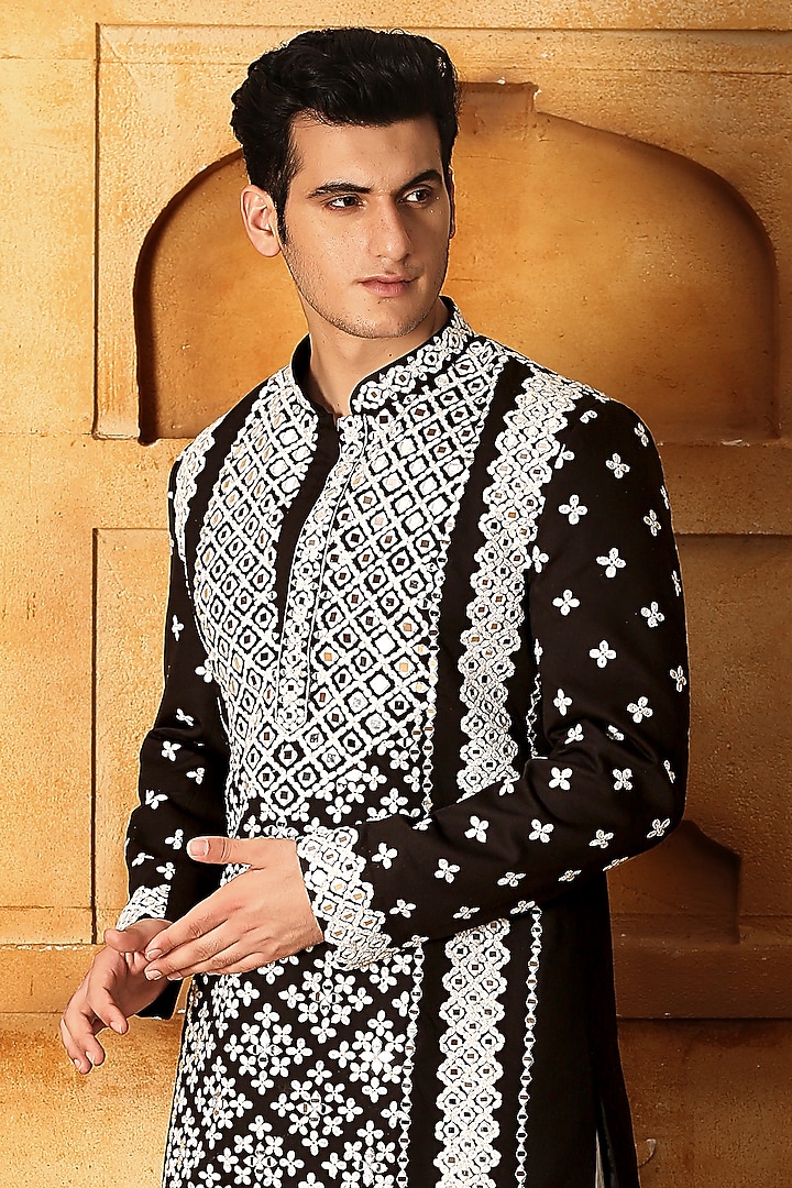 Black Silk Mirror Embroidered Kurta Set by LA ADORE BY BHAVIK J BAFNA at Pernia's Pop Up Shop