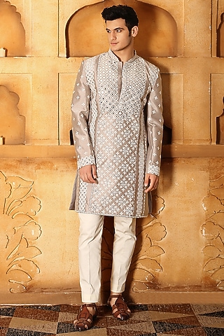 Beige Silk Mirror Embroidered Kurta Set by LA ADORE BY BHAVIK J BAFNA