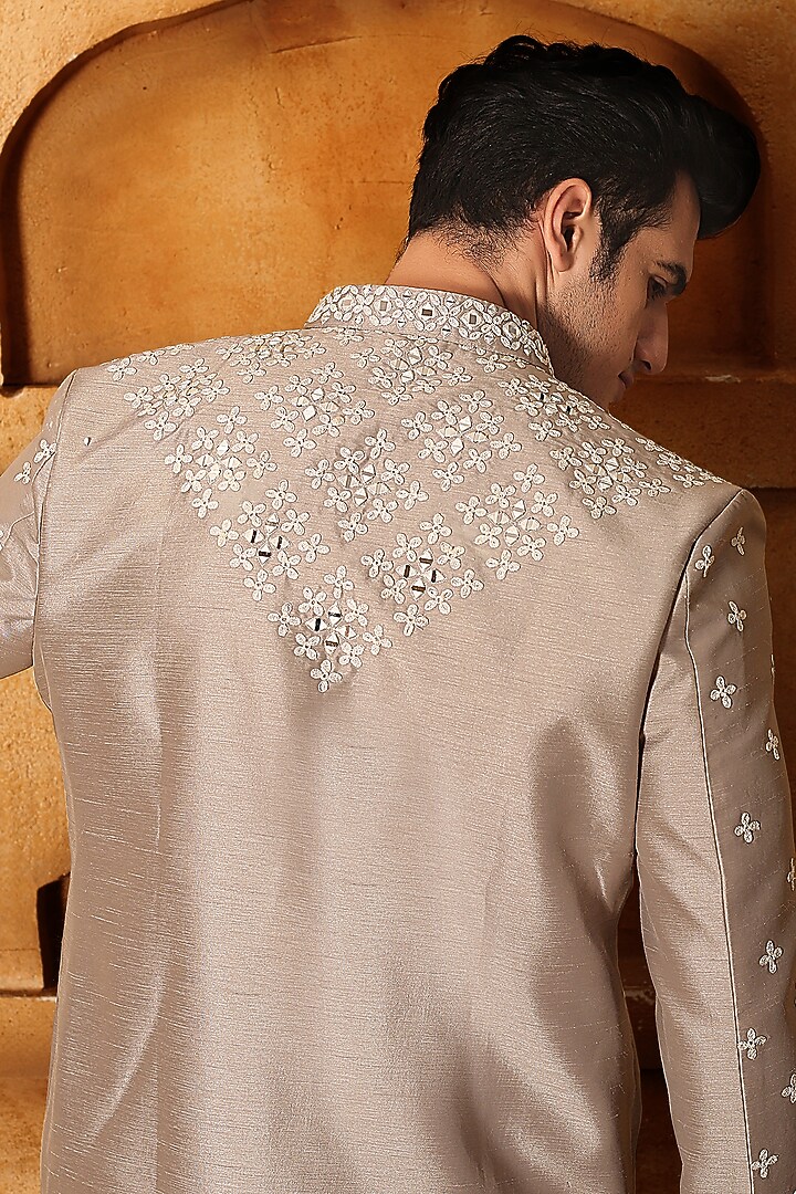 Beige Silk Mirror Embroidered Kurta Set by LA ADORE BY BHAVIK J BAFNA at Pernia's Pop Up Shop