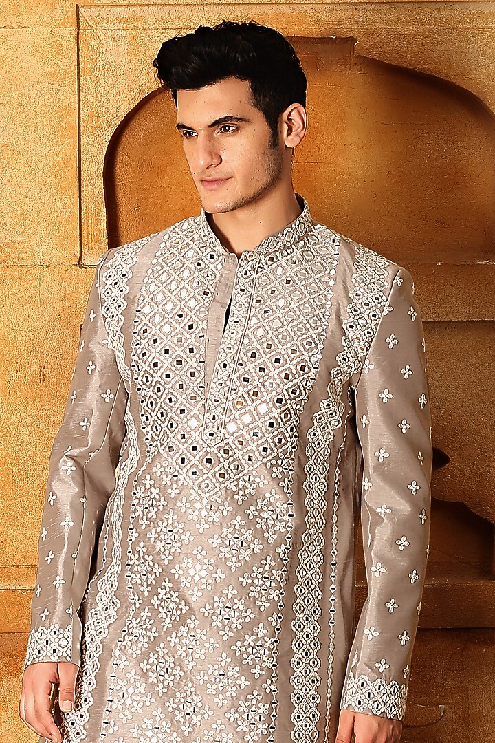 Beige Silk Mirror Embroidered Kurta Set by LA ADORE BY BHAVIK J BAFNA at Pernia's Pop Up Shop