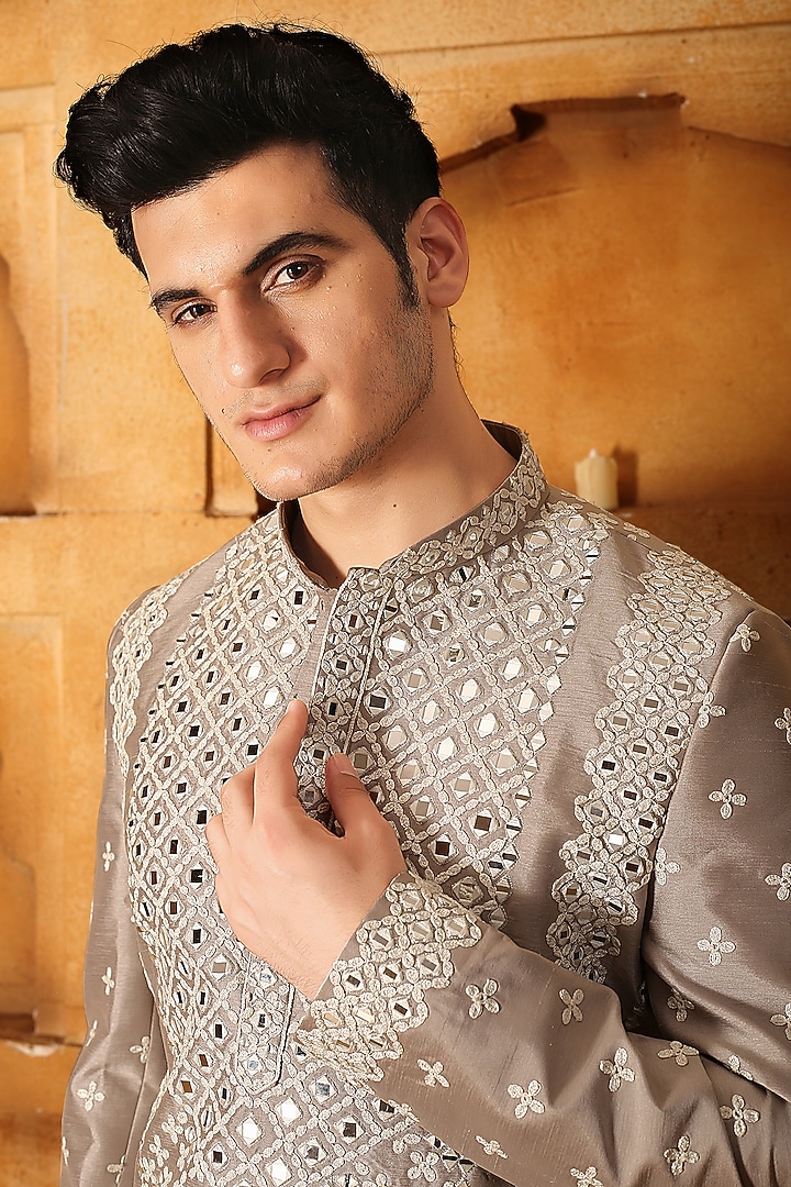 Beige Silk Mirror Embroidered Kurta Set by LA ADORE BY BHAVIK J BAFNA at Pernia's Pop Up Shop