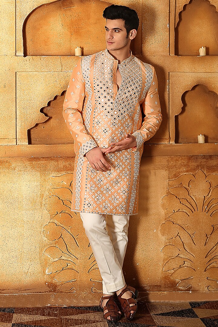 Orange Silk Mirror Embroidered Kurta Set by LA ADORE BY BHAVIK J BAFNA at Pernia's Pop Up Shop
