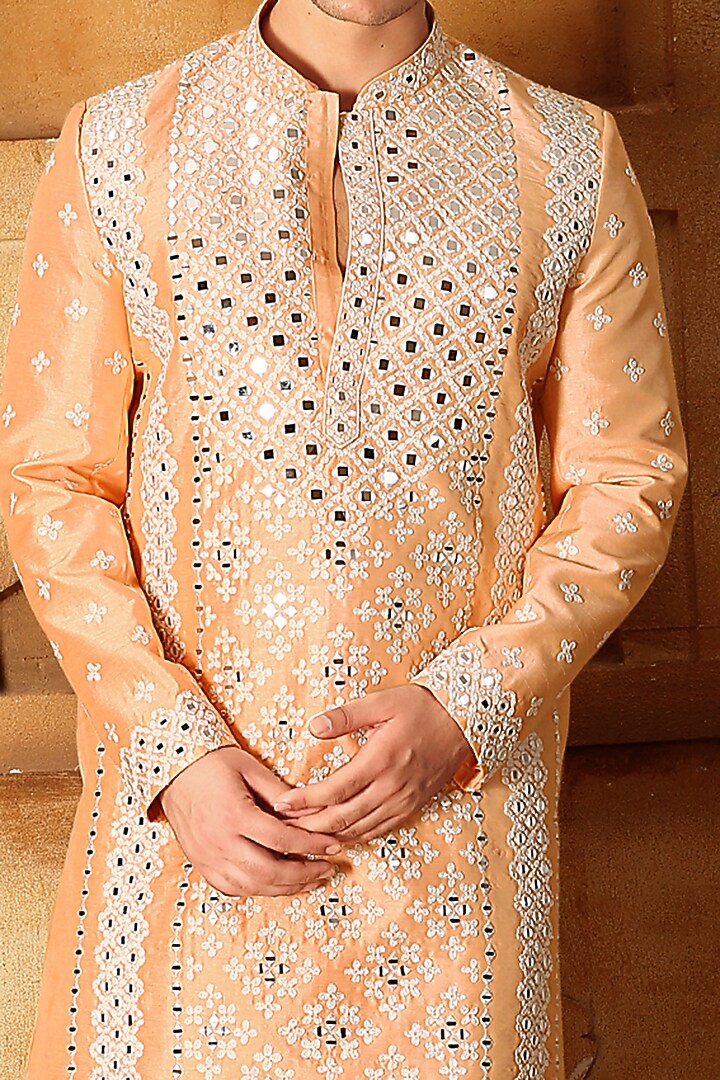 Orange Silk Mirror Embroidered Kurta Set by LA ADORE BY BHAVIK J BAFNA at Pernia's Pop Up Shop