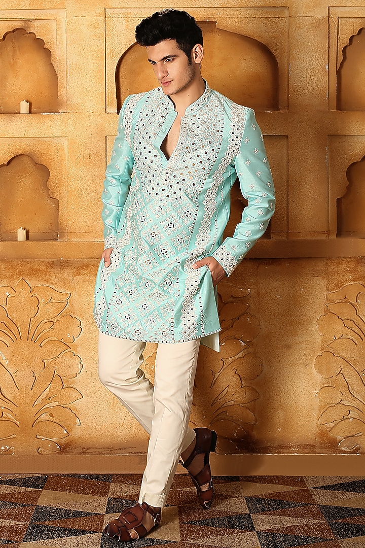 Blue Silk Mirror Embroidered Kurta Set by LA ADORE BY BHAVIK J BAFNA at Pernia's Pop Up Shop