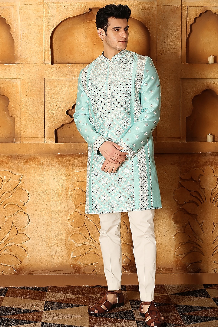 Blue Silk Mirror Embroidered Kurta Set by LA ADORE BY BHAVIK J BAFNA at Pernia's Pop Up Shop